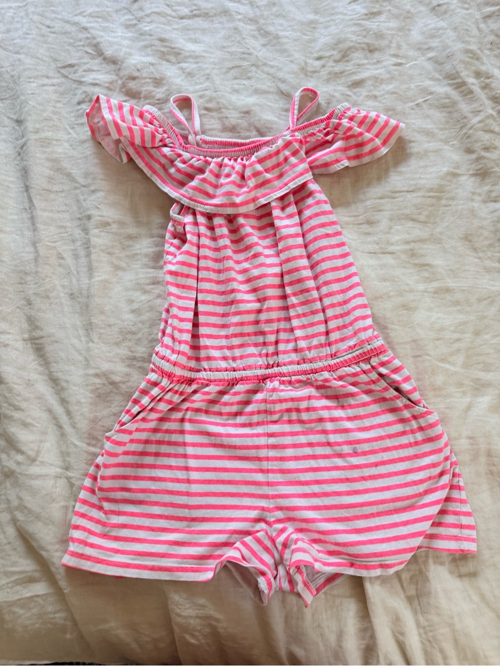 OshKosh B'gosh Pink and White Striped Off-Shoulder Romper